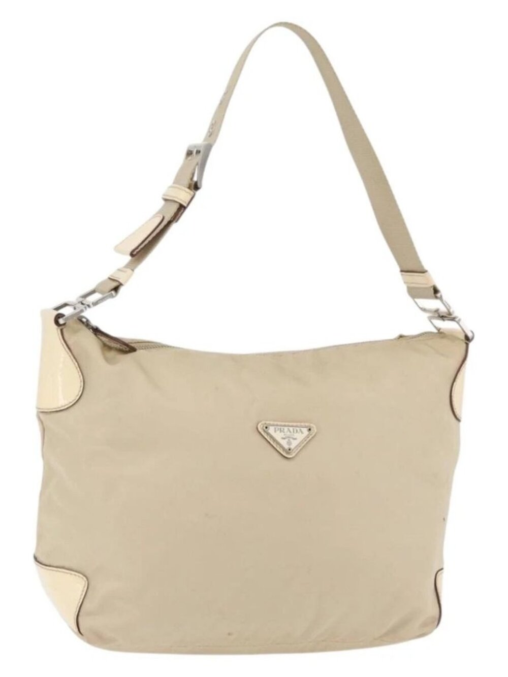 PRADA Shoulder Bag Nylon Beige Silver Auth ka4019